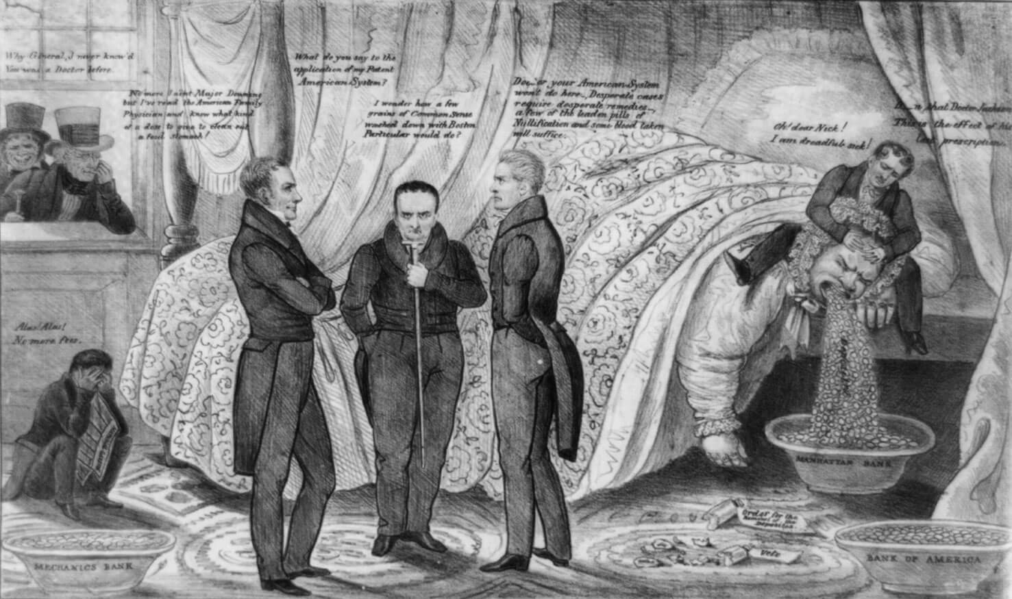 The Supreme Court affirmed the legitimacy of the Bank of the United States (depicted here as a large woman vomiting coins to state banks) when Maryland mounted a challenge in 1819. Library of Congress